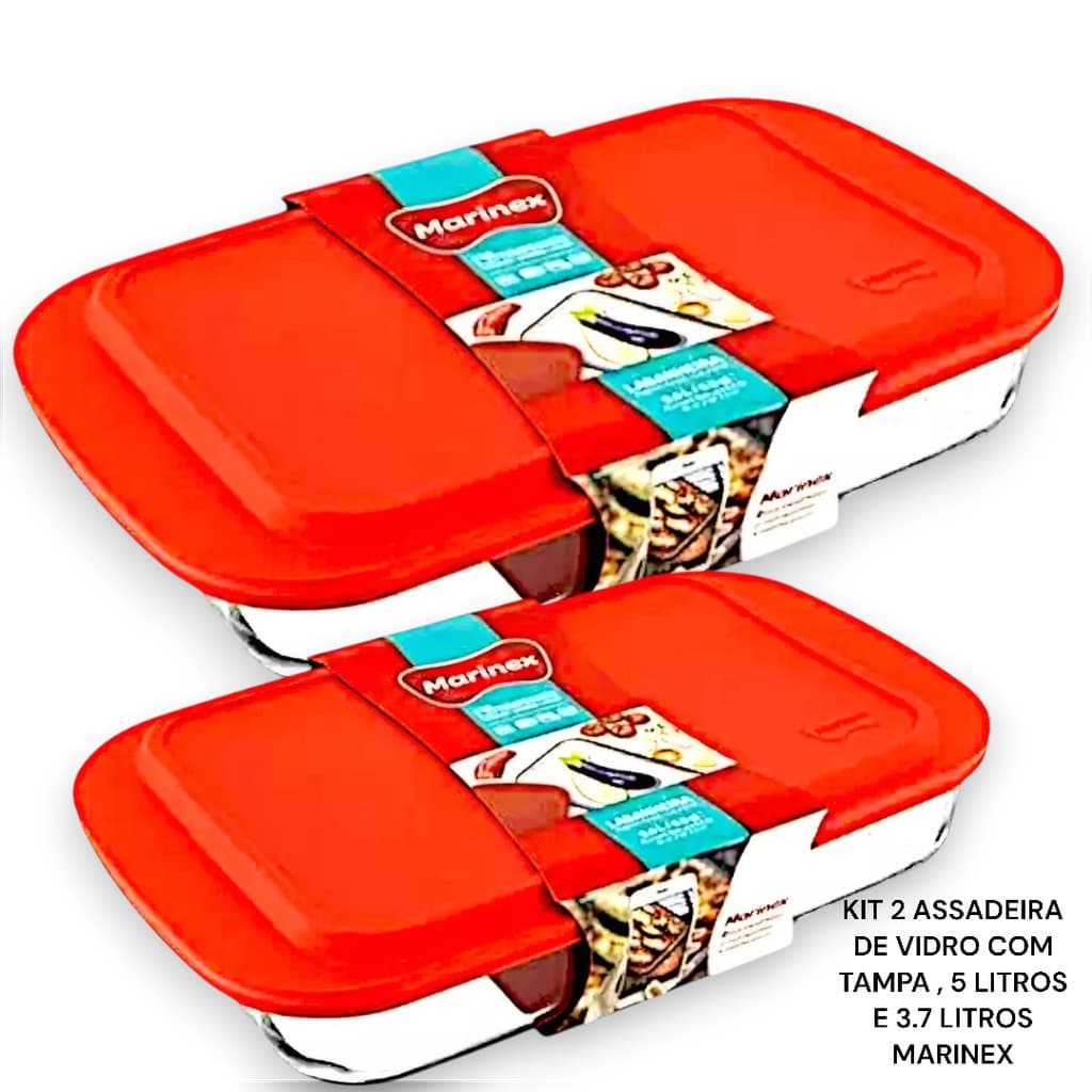 Kit 2 Assadeira lasanheira de Vidro Marinex Travessa 5 litros e 3.7 litros Forno Micro-Ondas