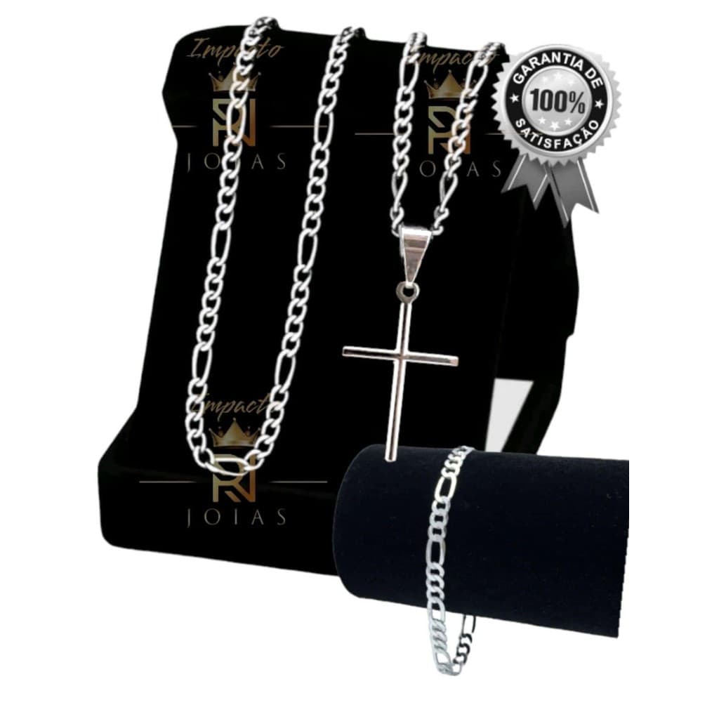 Kit Corrente e Pulseira masculino c\ Pingente Cruz Corrente Banhada a Prata 925 + pulseira