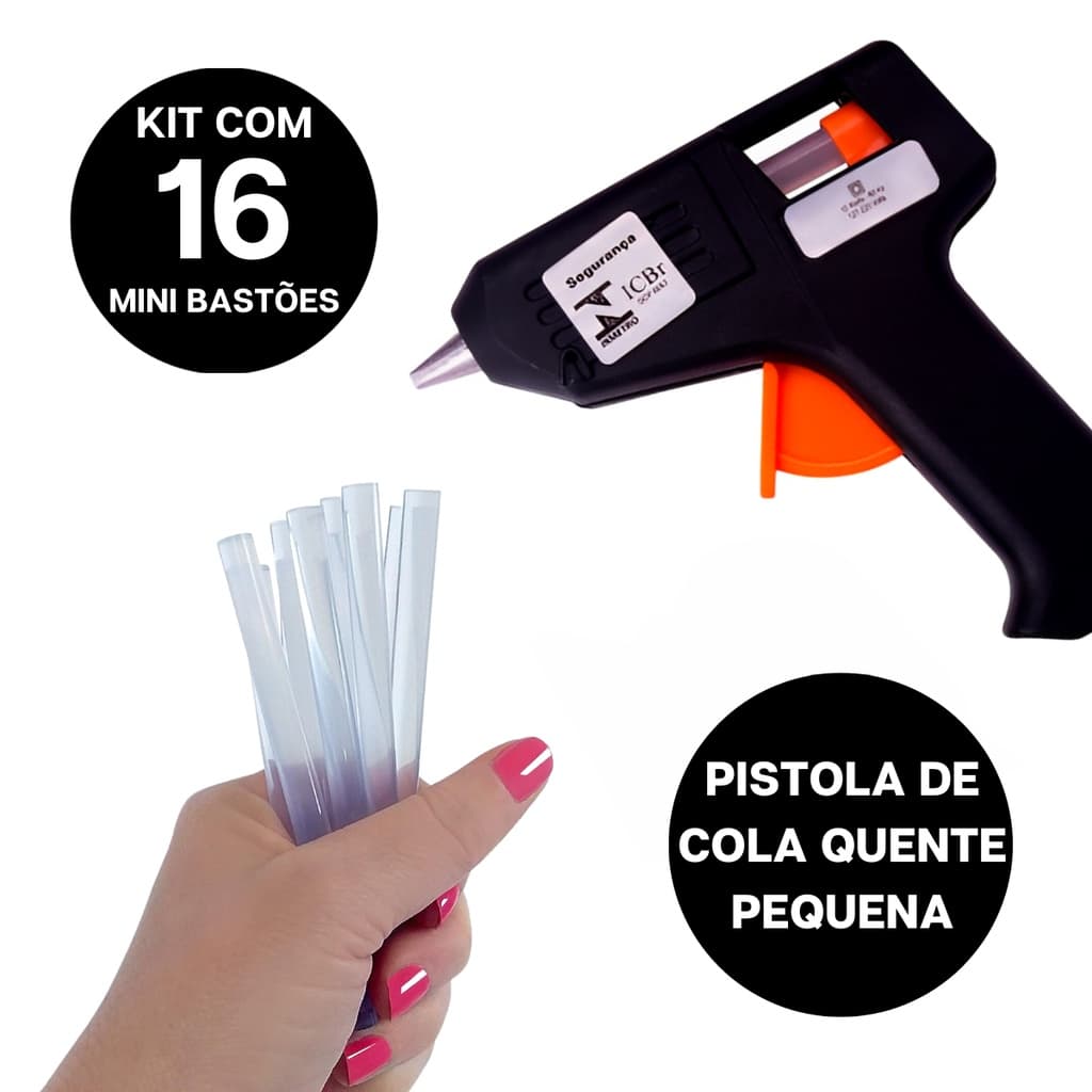 16 Mini Bastões De Cola + Pistola Cola Quente Bivolt Pequena Bico Fino
