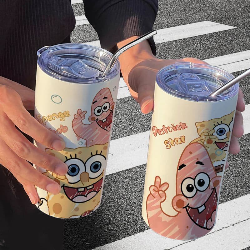 Copo térmico SpongeBob Patrick Star com canudo, copo casual para café, copo térmico portátil de aço inoxidável com canud