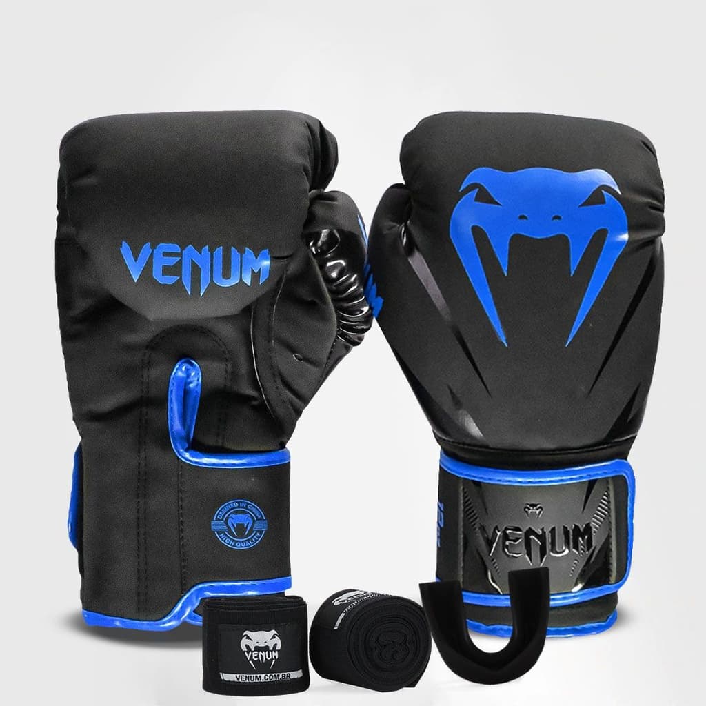 Kit Boxe Muay Thai Venum Luvas + Bandagens + Protetor Bucal New Impact Evo Azul