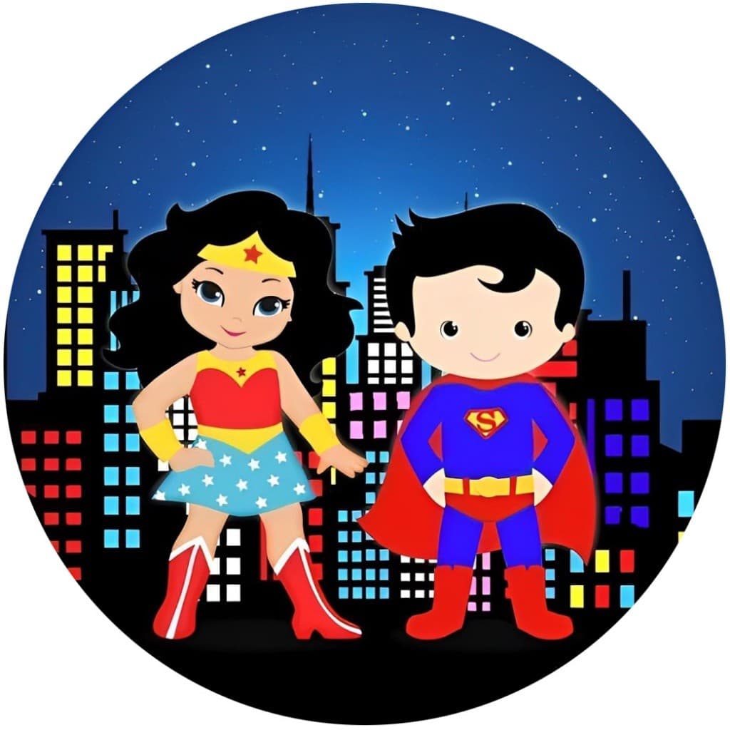 Painel Redondo 50X50 MULHER MARAVILHA E SUPERMAN Tecido Sublimado C/ Elástico