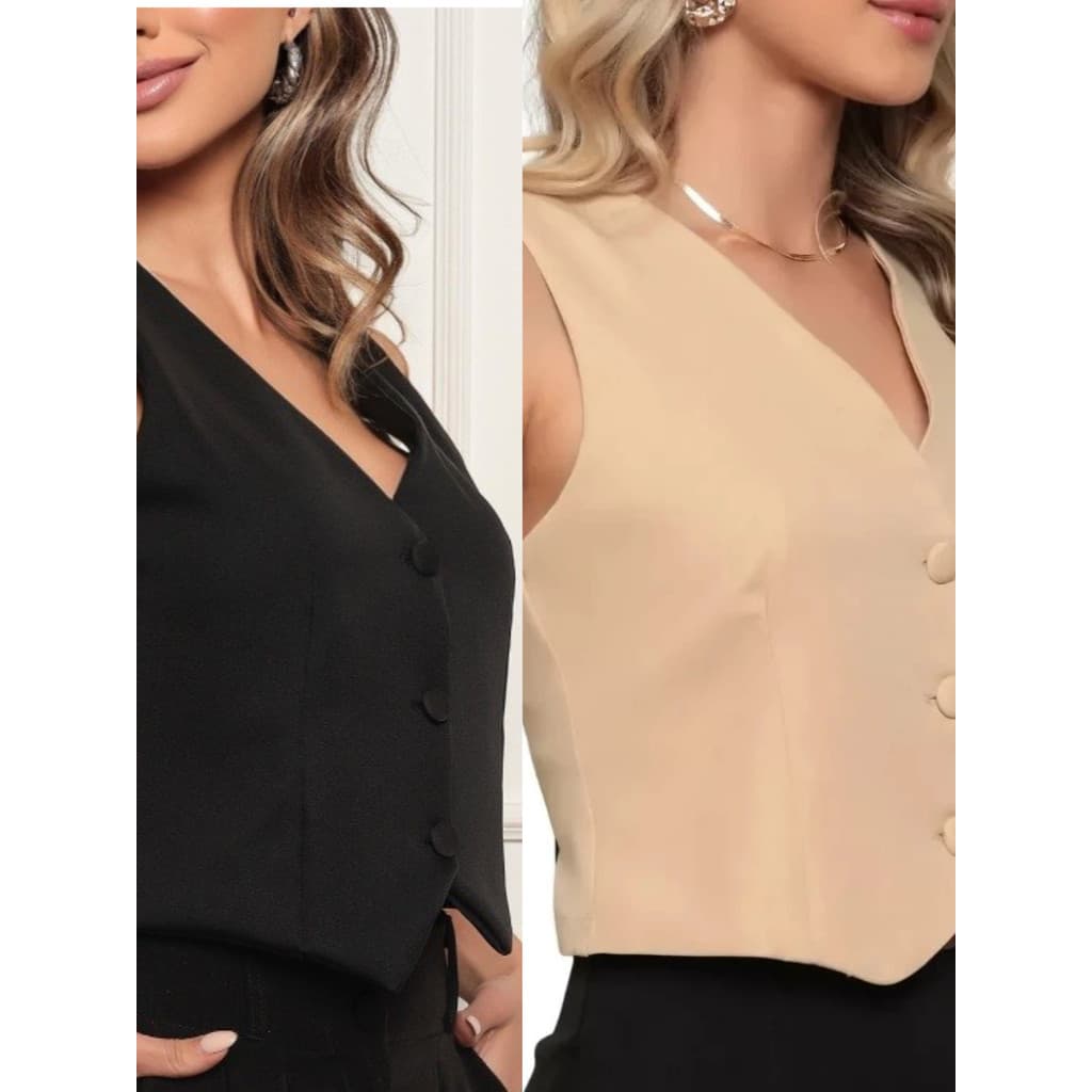 Kit 2 Colete Feminino Casual 3 Botões Alfaiataria Curto Social Decote V Modinha Estiloso