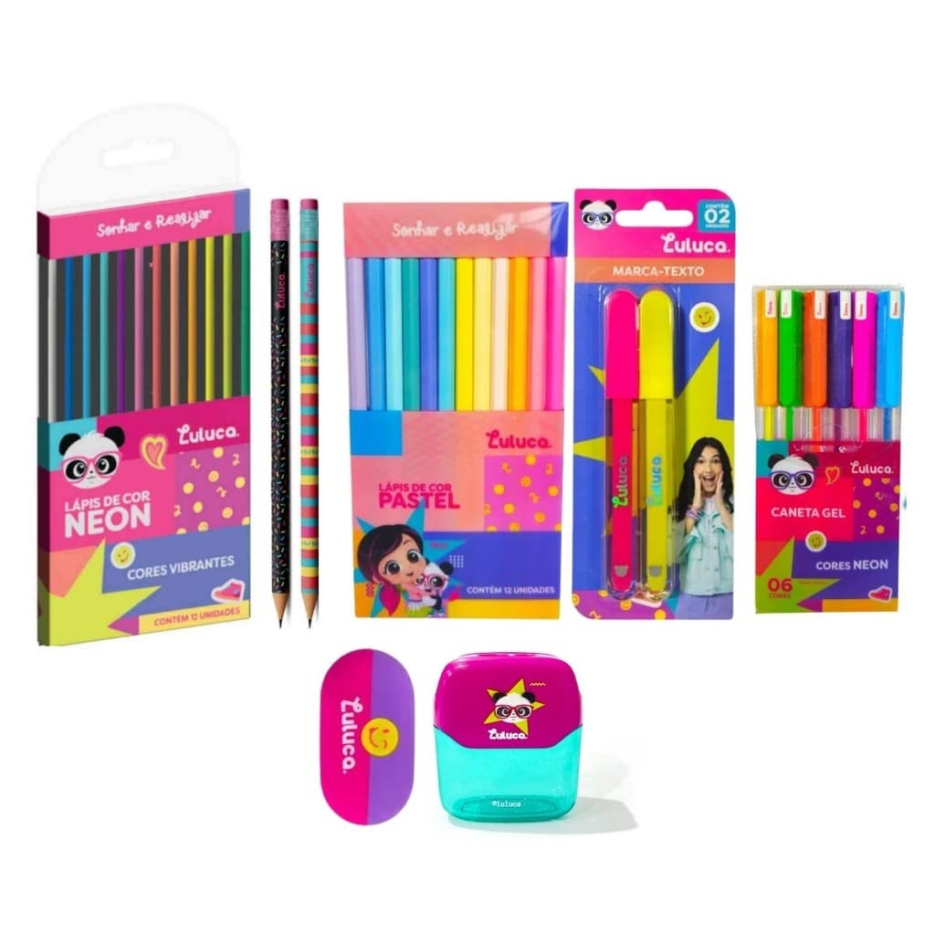 Kit Luluca Lápis de Cor Pastel Neon C/ Canetas em Gel Lápis HB Apontador E Borracha - Skypaper