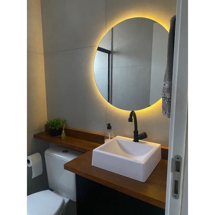 Espelho redondo grande com led luz duas cores sem fio pilha bateria 80cm promoção espelho decorativo