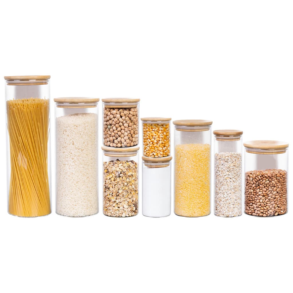 Potes de Vidro com Tampa Bambu Hermético – Kit 9 pçs Vários Tamanhos  MM House