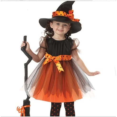Vestido Infantil Halloween Bruxa Com Chapéu roxo e laranja