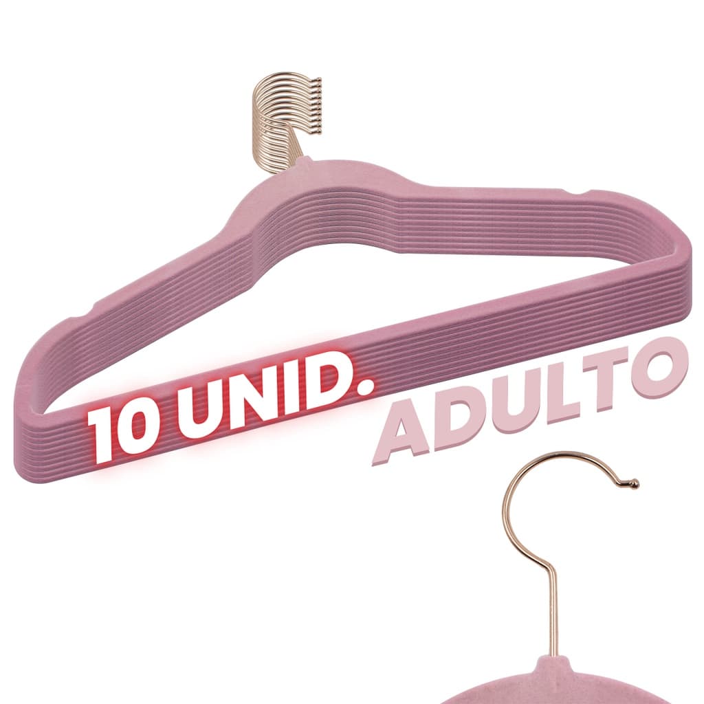 Kit 10 Cabides Veludo Rosa Gancho Rose Antideslizante 45cm