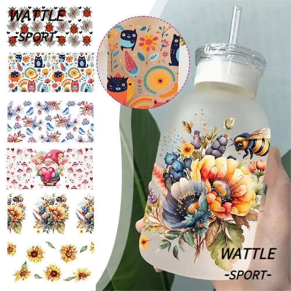 Adesivo De Copos De Vidro WATTLE , Transferência UV DTF Com Padrão De Flor À Prova D'água , Cores Vibrantes