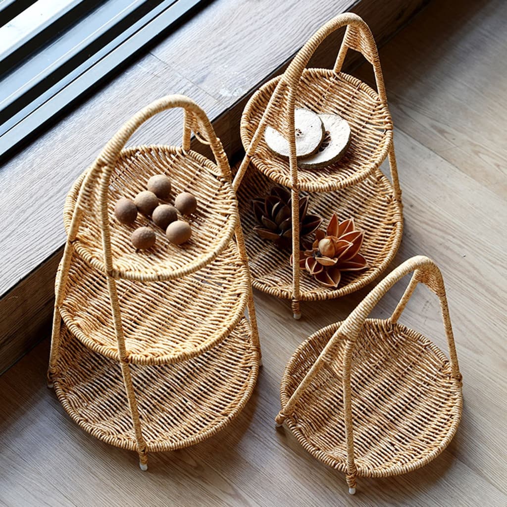 Rattan trançado multi camada de frutas doces snack pastelaria bandeja handweave food storage rack