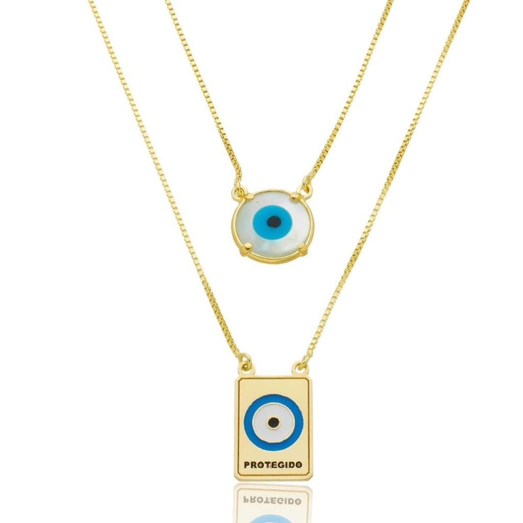 Escapulário Feminino Prata 925 70cm Olho Grego Madrepérola Banhado Ouro 18K Proteção Contra Inveja