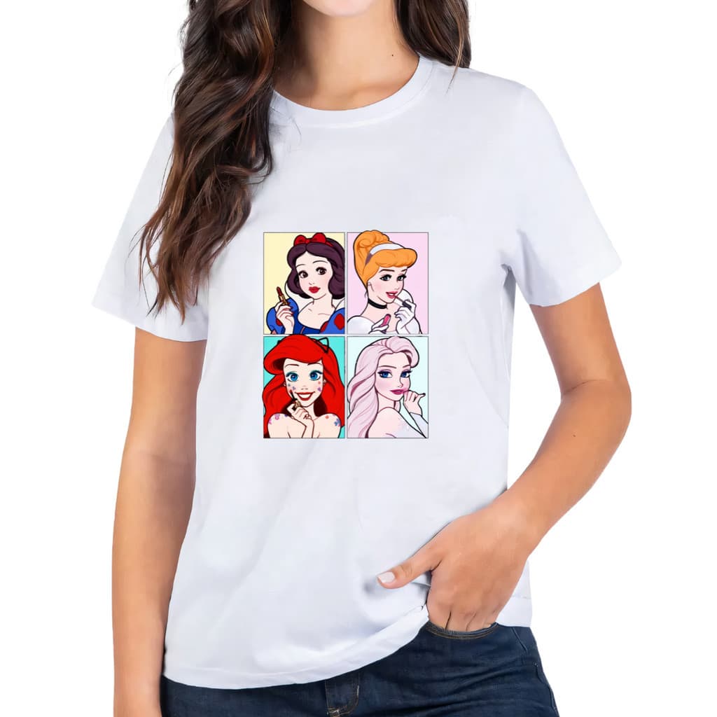 Camiseta T-shirt Feminina Princesas da DIsney Branca de Neve Cindelera Pequena Sereia Elsa