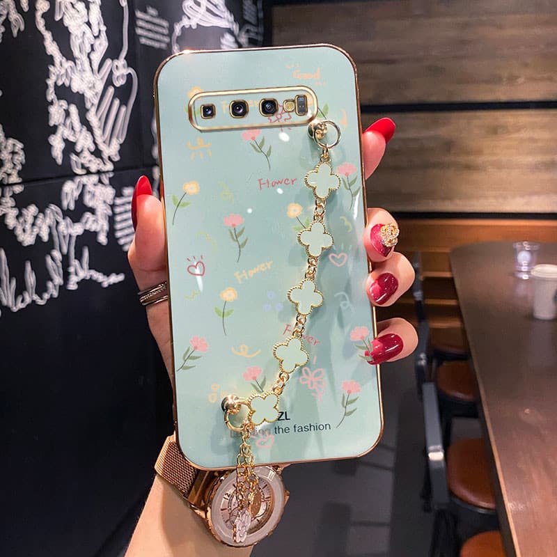 Caixa Samsung Galaxy S10 S9 S8 Plus Padrão Floral Pequeno Com Quatro Folhas De Trevo Pulseira De Silicone À Prova De Choque Capa Protetora Para Telefone