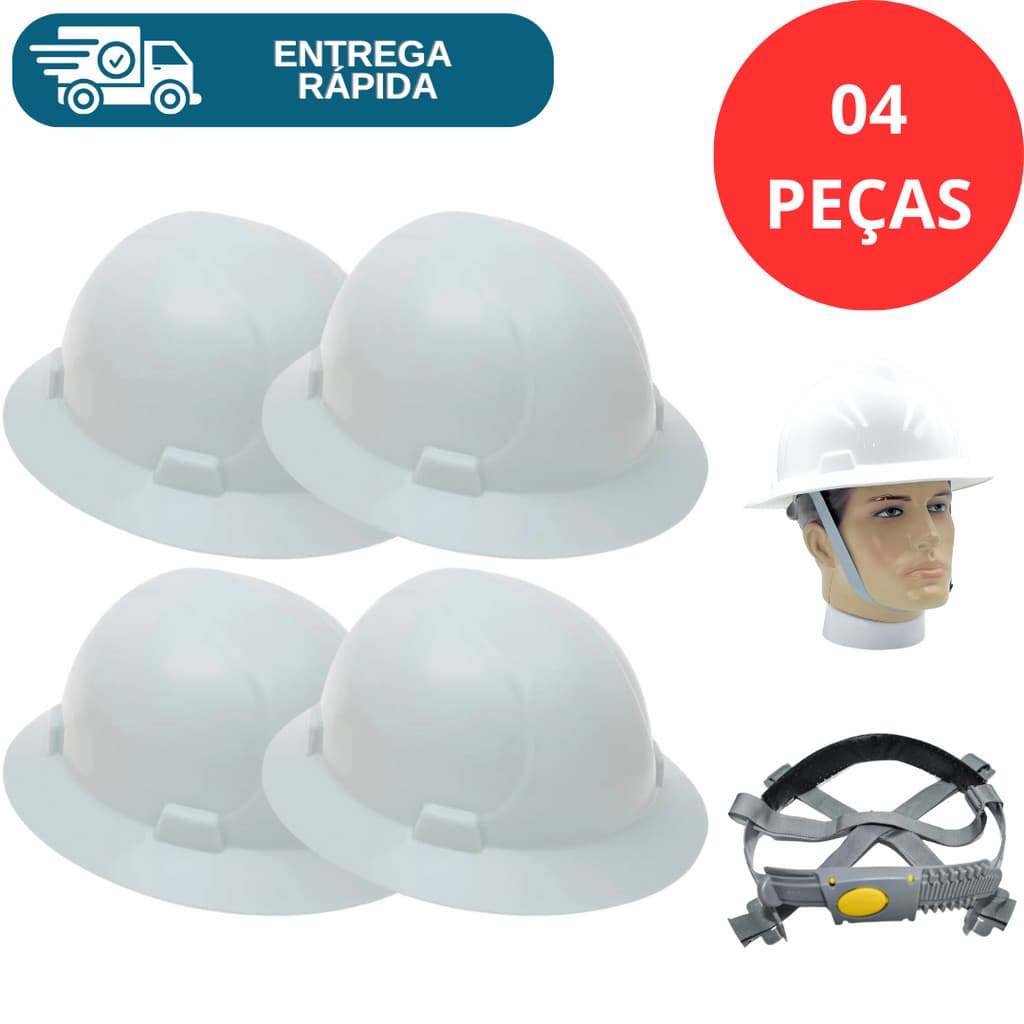 Kit 4 Capacete De Segurança Aba Total C/ Jugular Eletricista  Engenheiro Obra Proteção Trabalho Epi