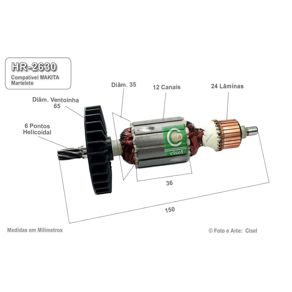 Induzido compatível Makita HR-2610 / HR-2630 - Martelete 220V - Eixo: 150 mm