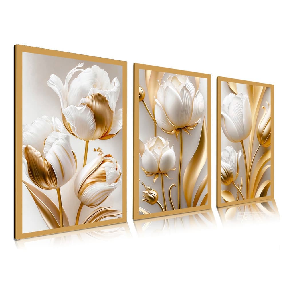 Kit 3 Quadros decorativos flores tulipas brancas douradas mosaico sala quarto escritório hall