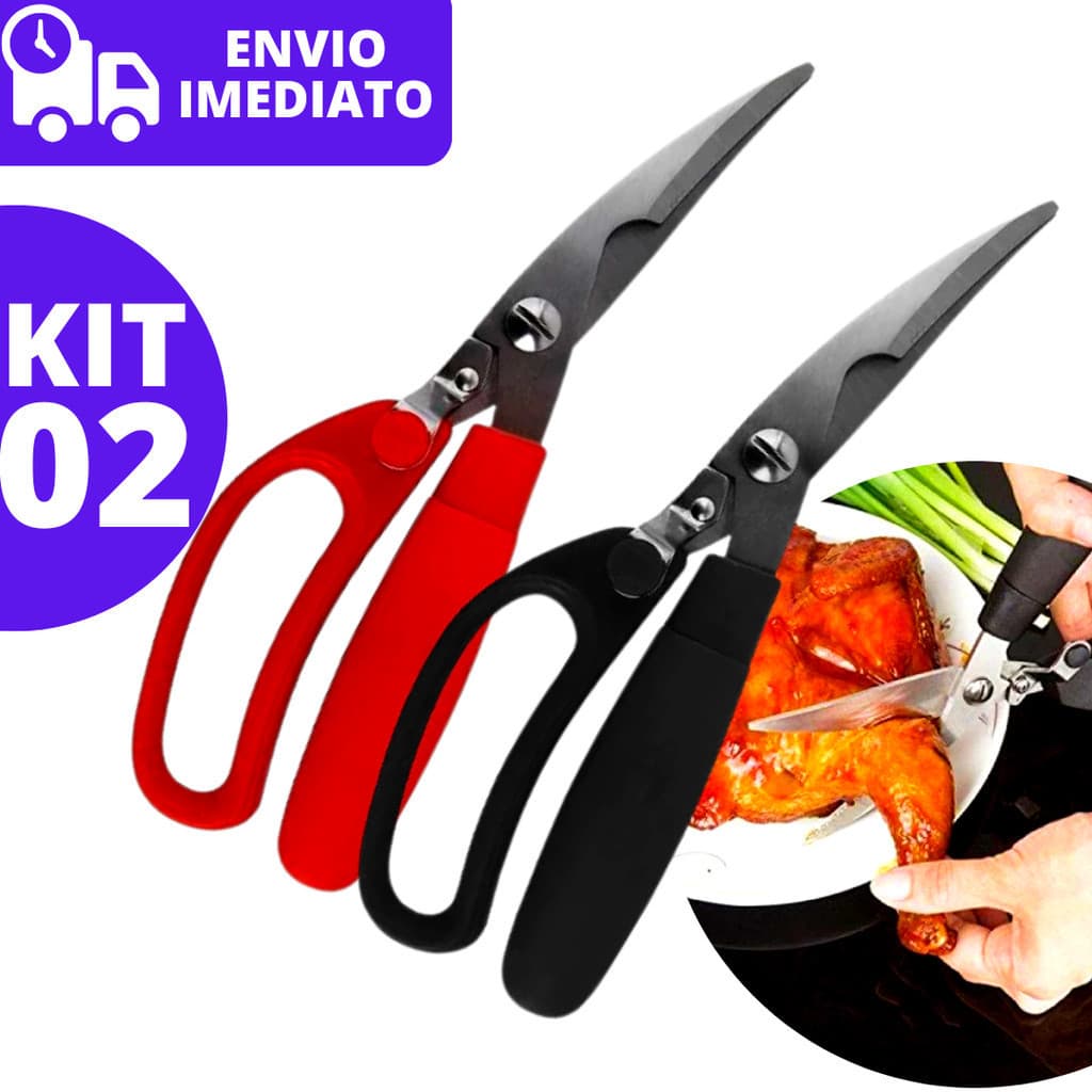 Kit 02 Tesoura de Cozinha Corta e Desossa Frango Corta Peixes Multifunções Alimentos
