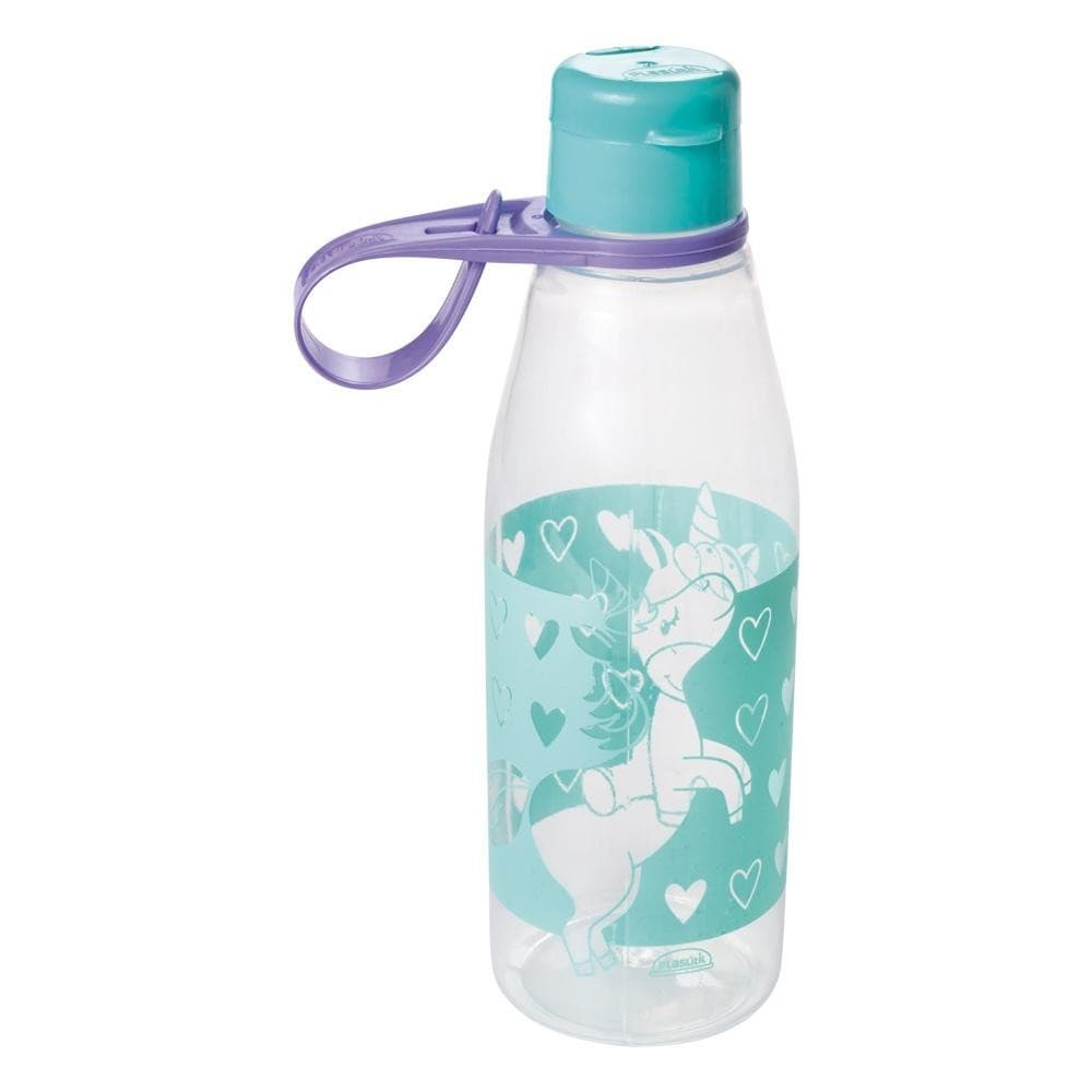 Garrafa de Plástico Unicórnio 530 ml com Tampa e Alça Lancheira Escolar Infantil