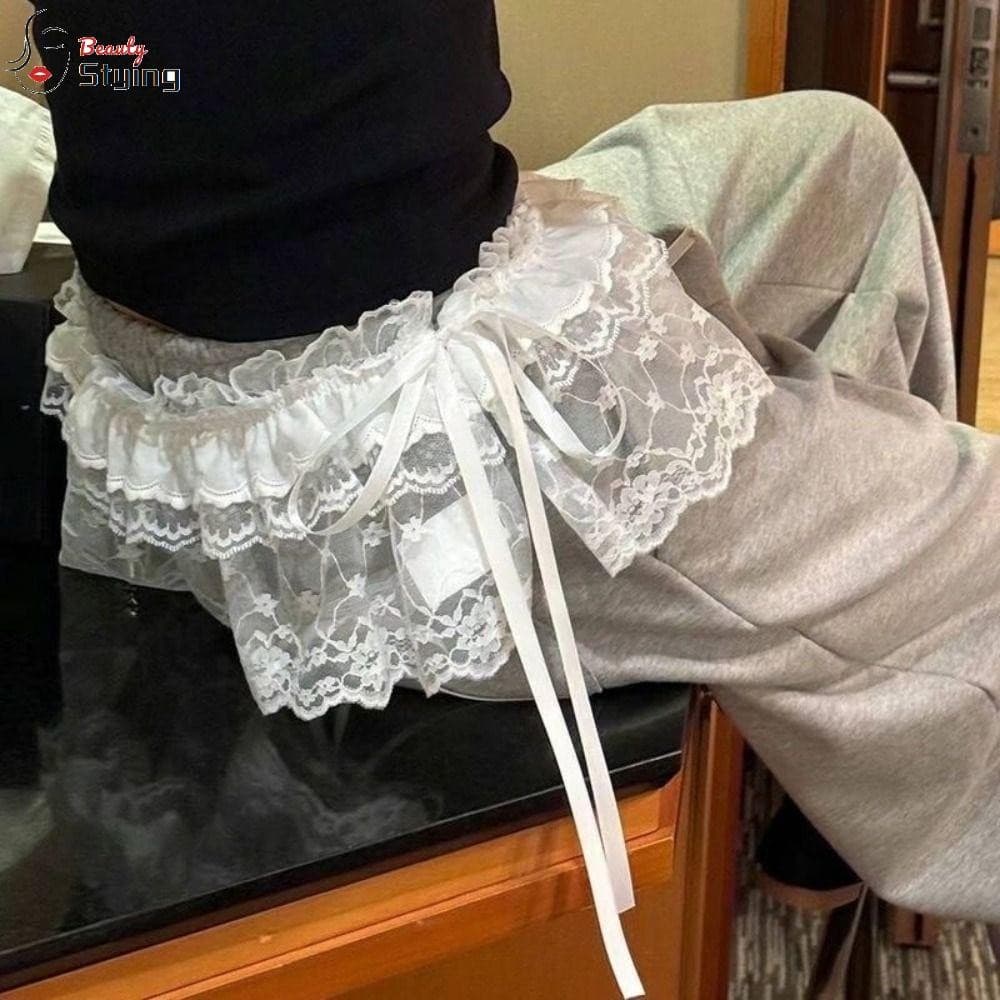 Estilo Mini Saia De Renda , Flor Bordada Y2K Streetwear Com Babados Cadarço , Saias Plissadas Transparentes