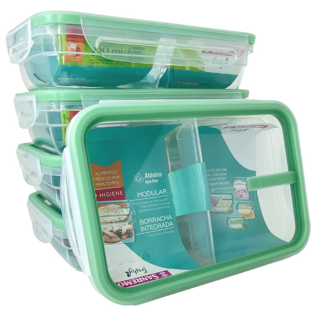 Kit 4 Potes Com Divisórias Para Alimentos Marmita Fit Empilhavel 730ml Sanremo