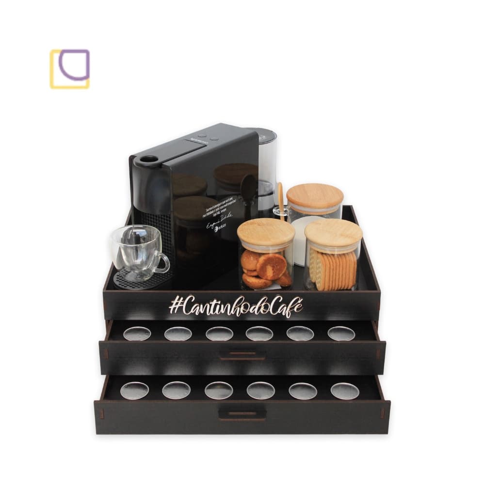 Bandeja Porta Capsula Nespresso Cantinho do Café Preta com 2 Gavetas Mdf Decoração Grande Suporte Cafeteira Chá Xícara