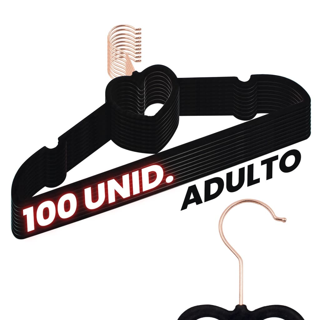 Kit 100 Cabide Veludo Preto Gancho Rose Slim Formato Coração
