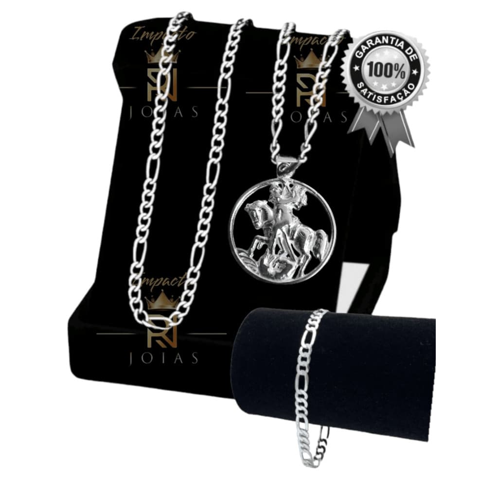 Kit Corrente e Pulseira masculino c\ Pingente São Jorge Corrente Banhada a Prata 925 + pulseira