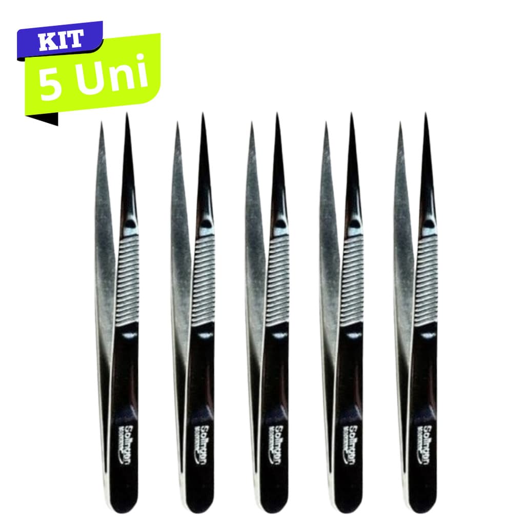 Kit 5 Pinças Solingen Ponta Agulha Designer Sobrancelhas - Prata