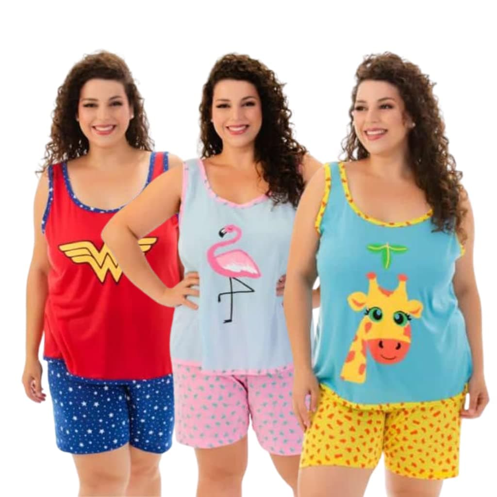 Kit 3 Pijamas Adultos Femininos Plus Size Regata Curto Verão Personagens 48 ao 54