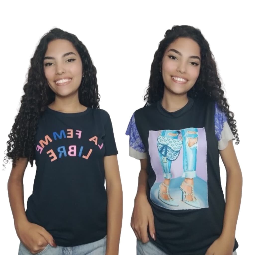 Kit 02 Blusa T-shirt Azul e Preta Com Mangas de Renda Estampa Moda Evangelica e Camiseta Feminina
