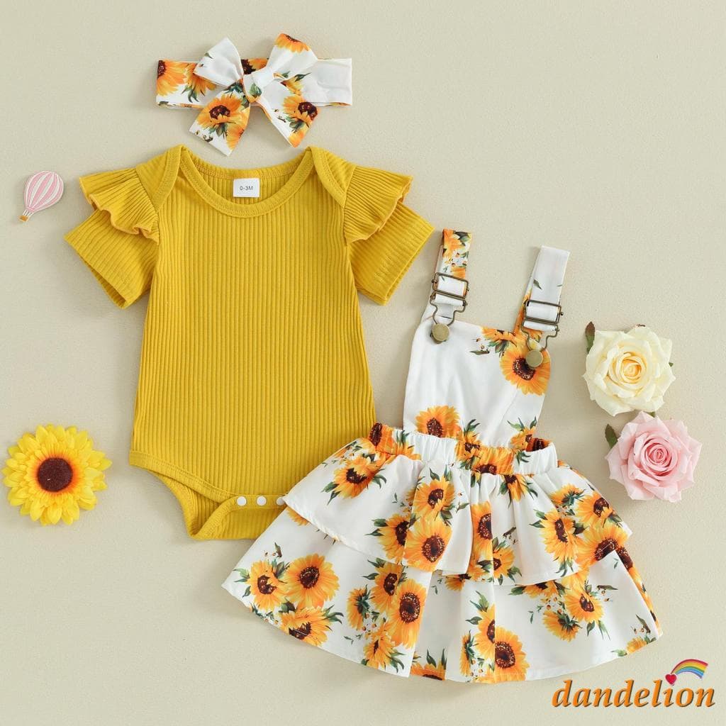 Conjunto de Roupas para Bebês Meninas 3 Peças: Macacão de Manga Curta em Malha + Saia com Suspensório Floral + Faixa de Cabelo