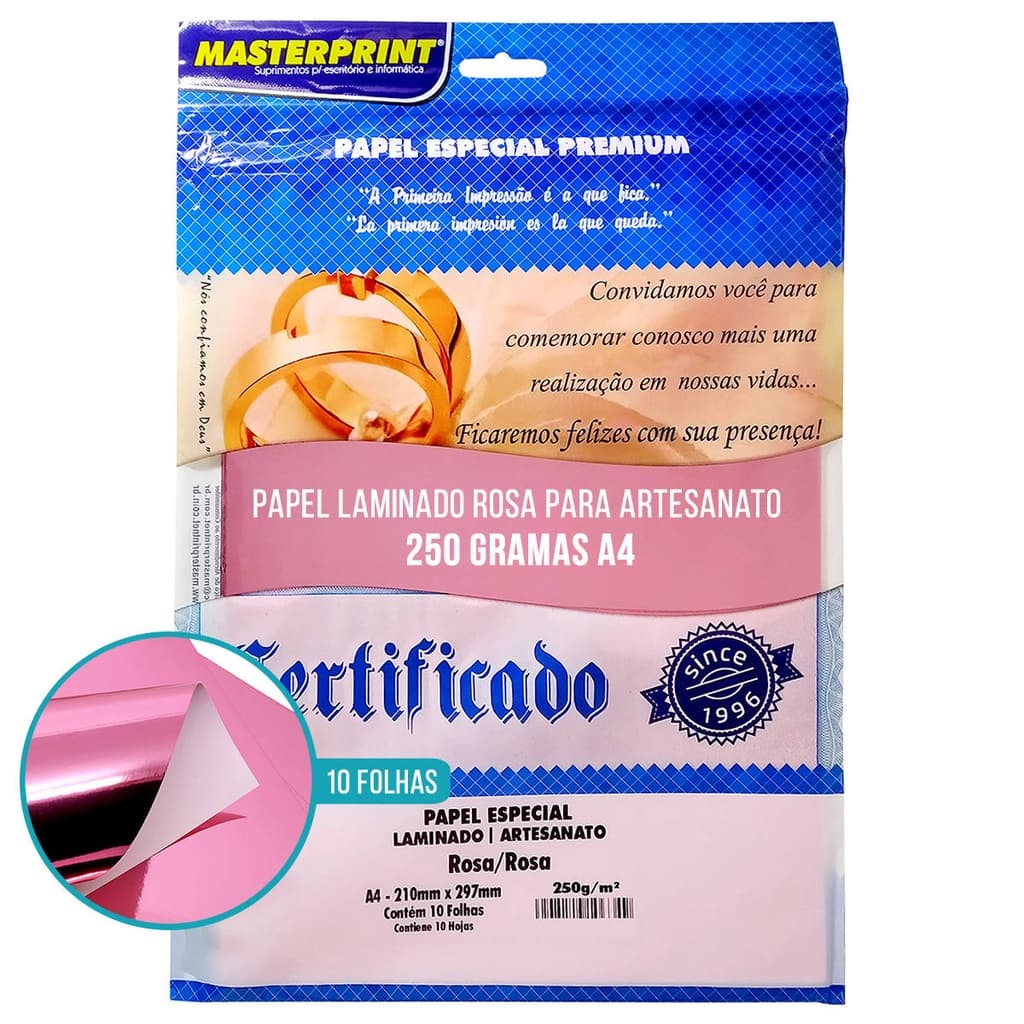 Papel Laminado Rosa A4 250g para Artesanato Decorações Enfeites Lembrancinhas Pacote com 10 Folhas Masterprint