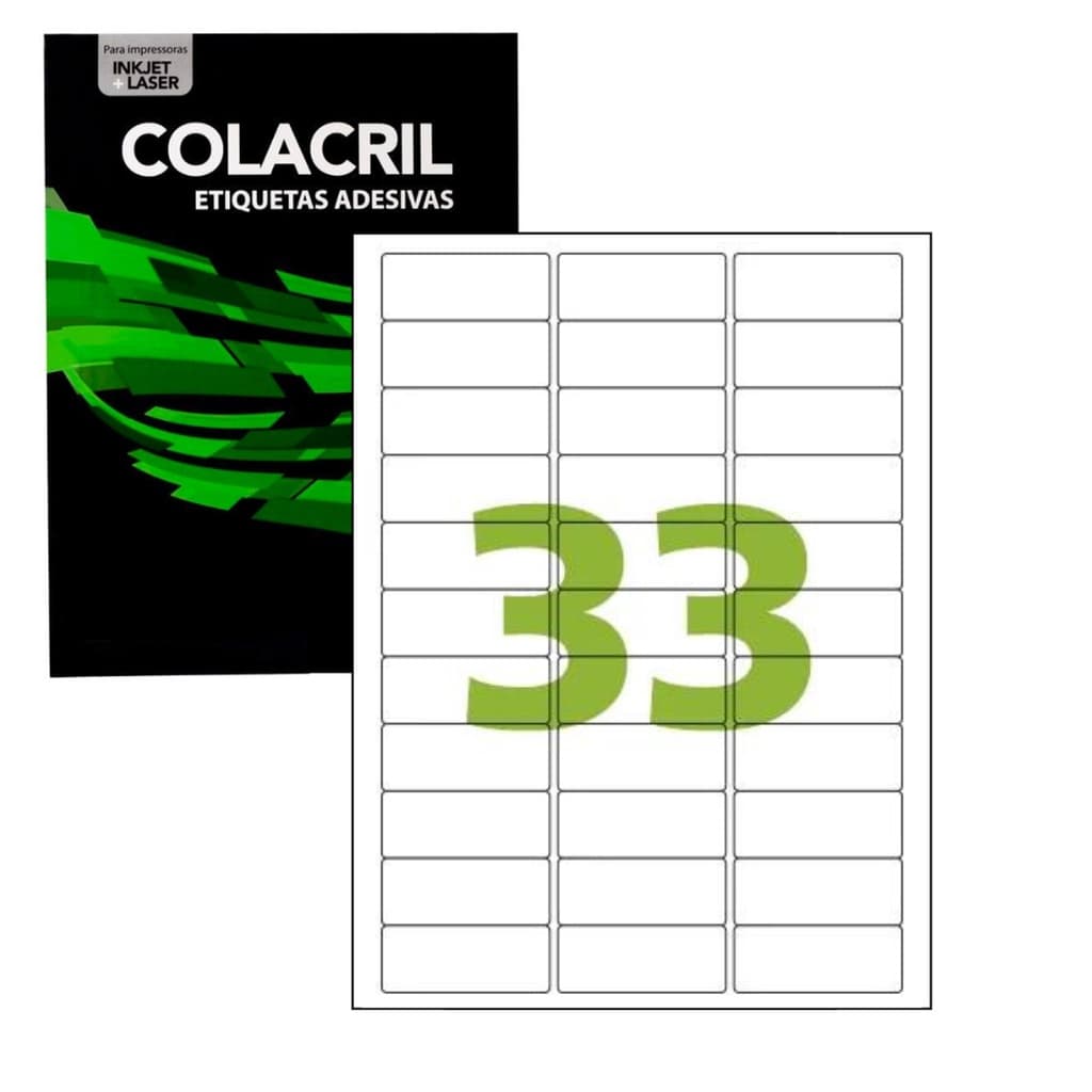 Etiqueta adesiva A4 100 folhas Impressora Colacril 25,4X63, 5X3 CA4356 - COLACRIL