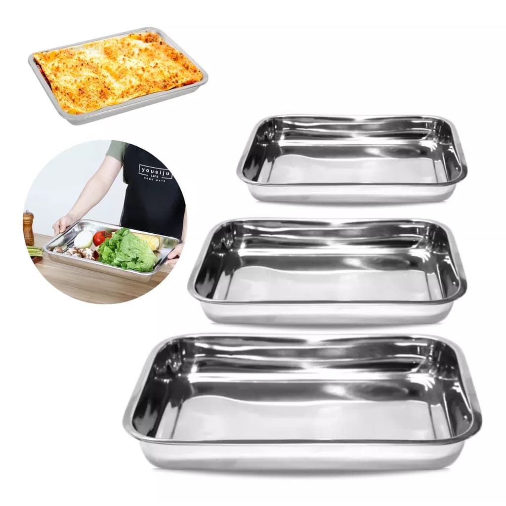 Conjunto assadeiras inox retangular alta 3 tamanhos p/ bolo travessas e bandejas pra assar