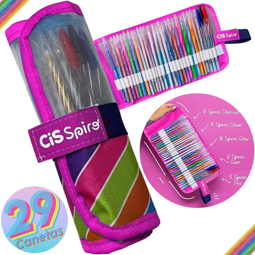 Caneta Esferografica Cis Spiro 29 Cores Rollerset Estojo Rosa 0.7mm (Coleção Completa)