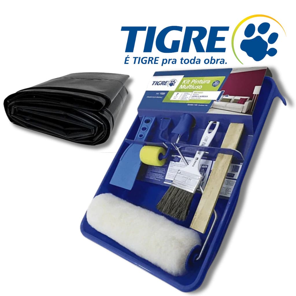 Kit de Pintura para Parede 7 Pçs Tigre Kit Profissional + 2 Metros Lona Kit Bandeja Pincel Rolinho