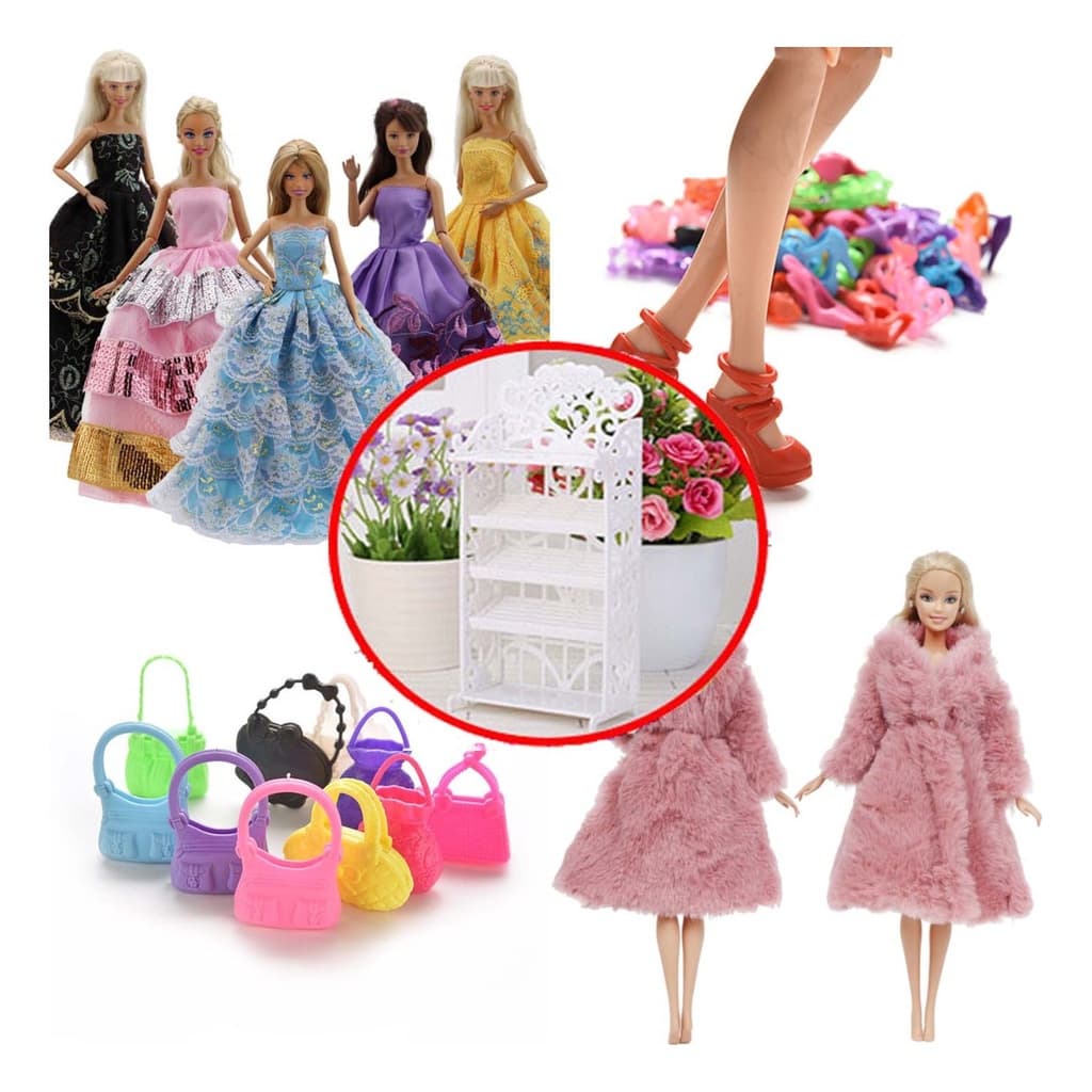 Roupa Boneca Kit Com Vestidos Casaco Sapatos Mini Sapateira