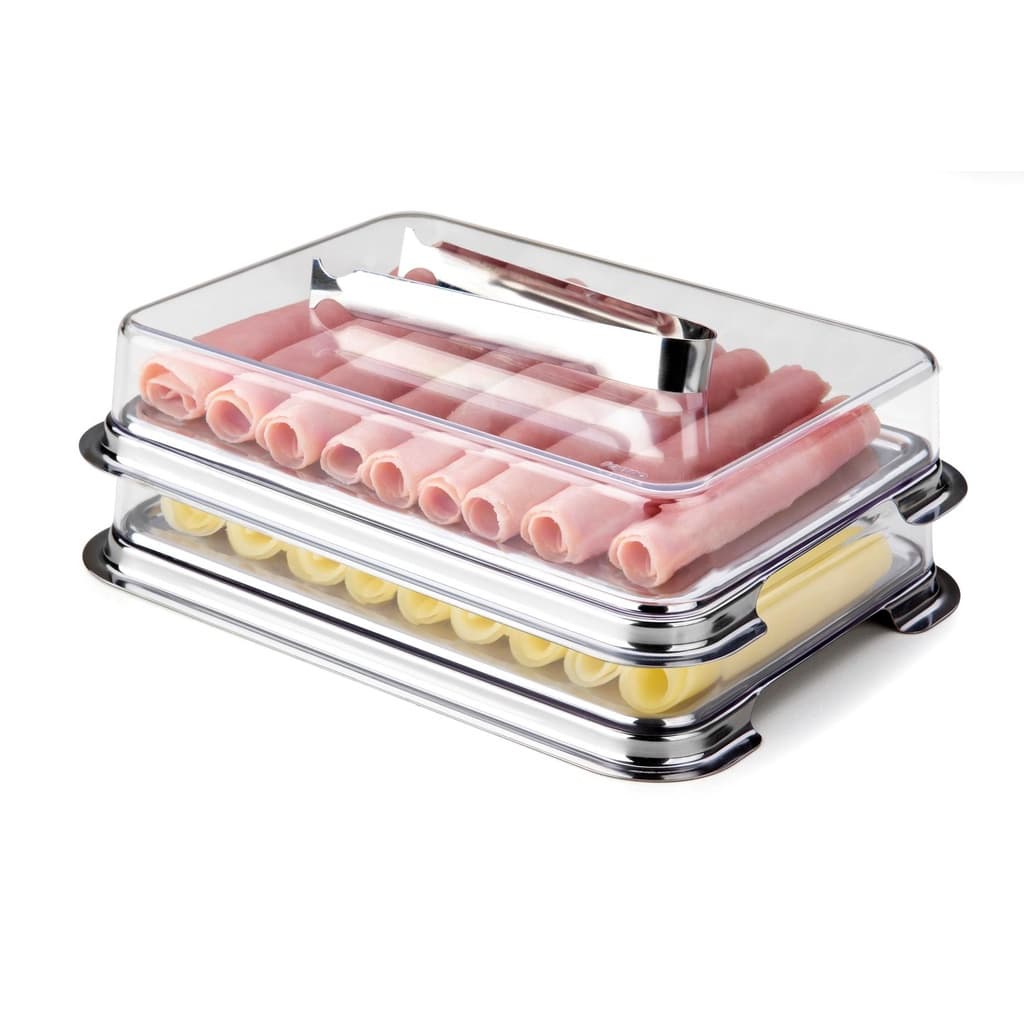 Conjunto Porta Frios Base Inox  Com Pinça Inox Empilhavel Queijo Presunto Organizador Cozinha Preserva Conserva Alimento