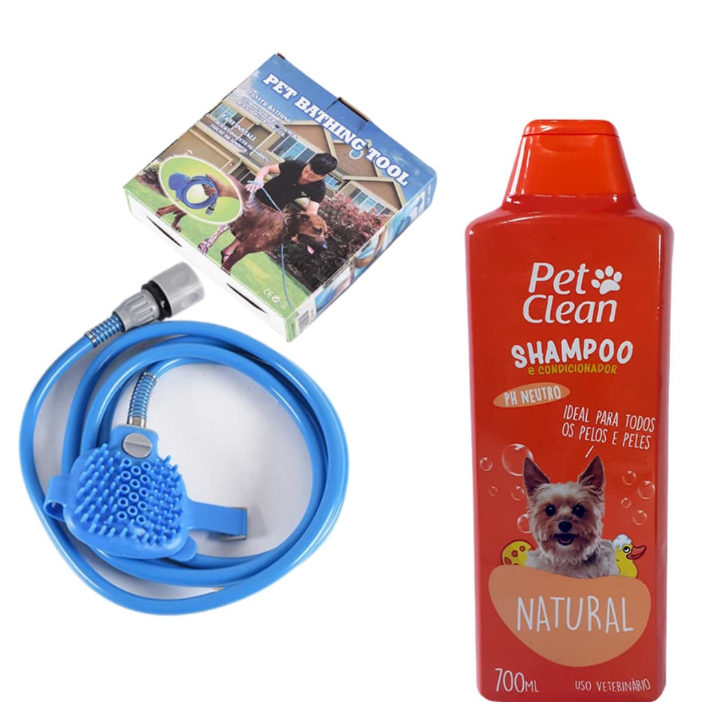 kit Shampoo Pet Clean + Mangueira Luva De Banho Petshop Cães E Gatos