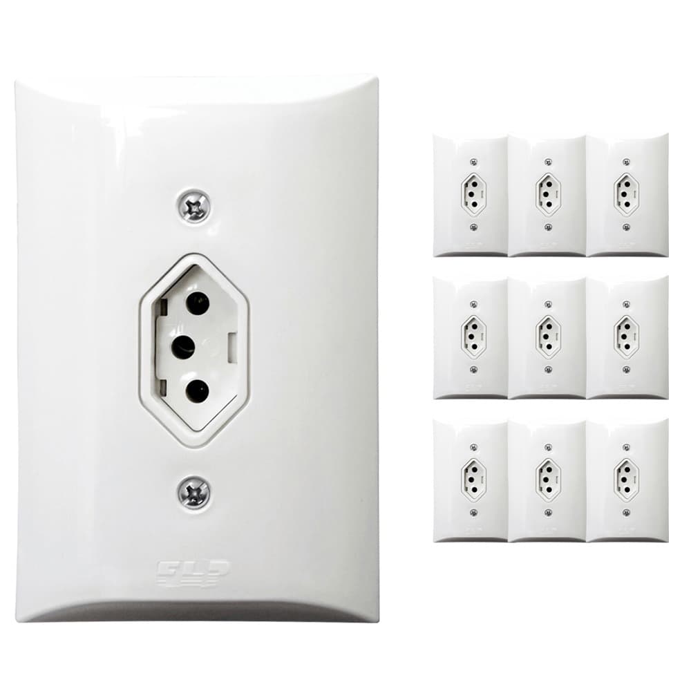 Kit 10 Tomada Simples 2p+t 10A  Com InmetroCom Placa Espelho Branco 127V e 250V Bivolt