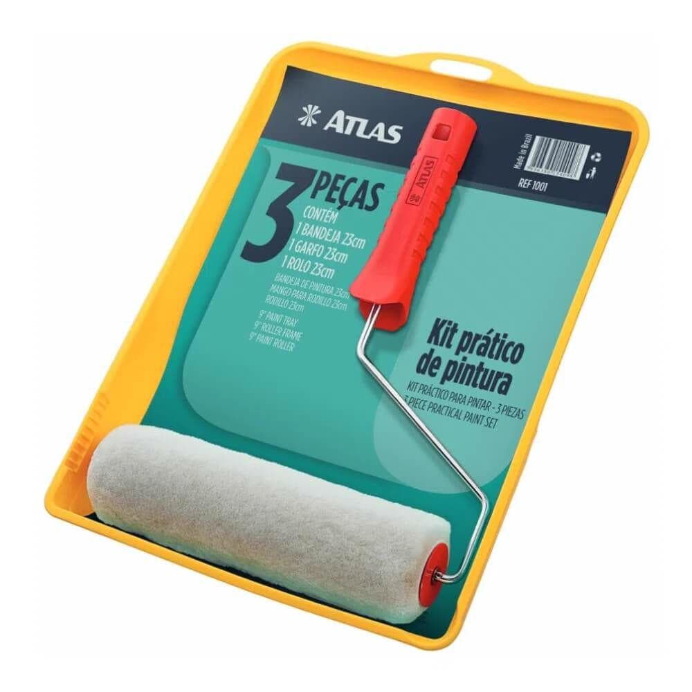 Kit Prático Pintura com Rolo de lã sintetica 23cm com garfo e bandeja 2,7 litros ATLAS 1001 - Pintura profissional - pintor - pincel