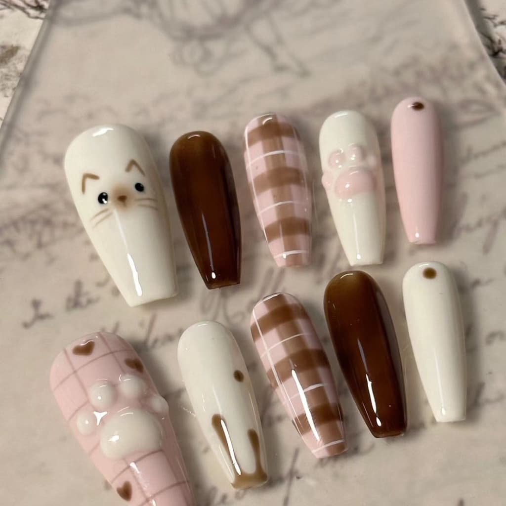 [HANDMADE] Prego artificial morango rosa café xadrez contrastante cor pintados à mão gato suave bonito fototerapia unhas unhas reutilizáveis e removíveis