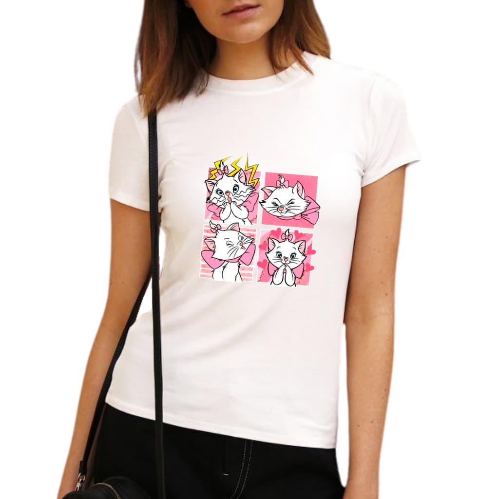 Camiseta T-shirt Gatinha Marie Blusa Feminina Branca Manga Curta