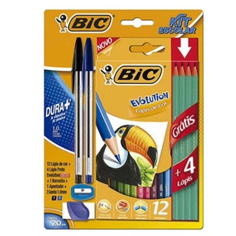 KIT BIC EVOLUTION COM 2 CANETAS 1 PRETA ,1 AZUL,1 APONTADOR,1 BORRACHA,4 LÁPIS GRAFITE