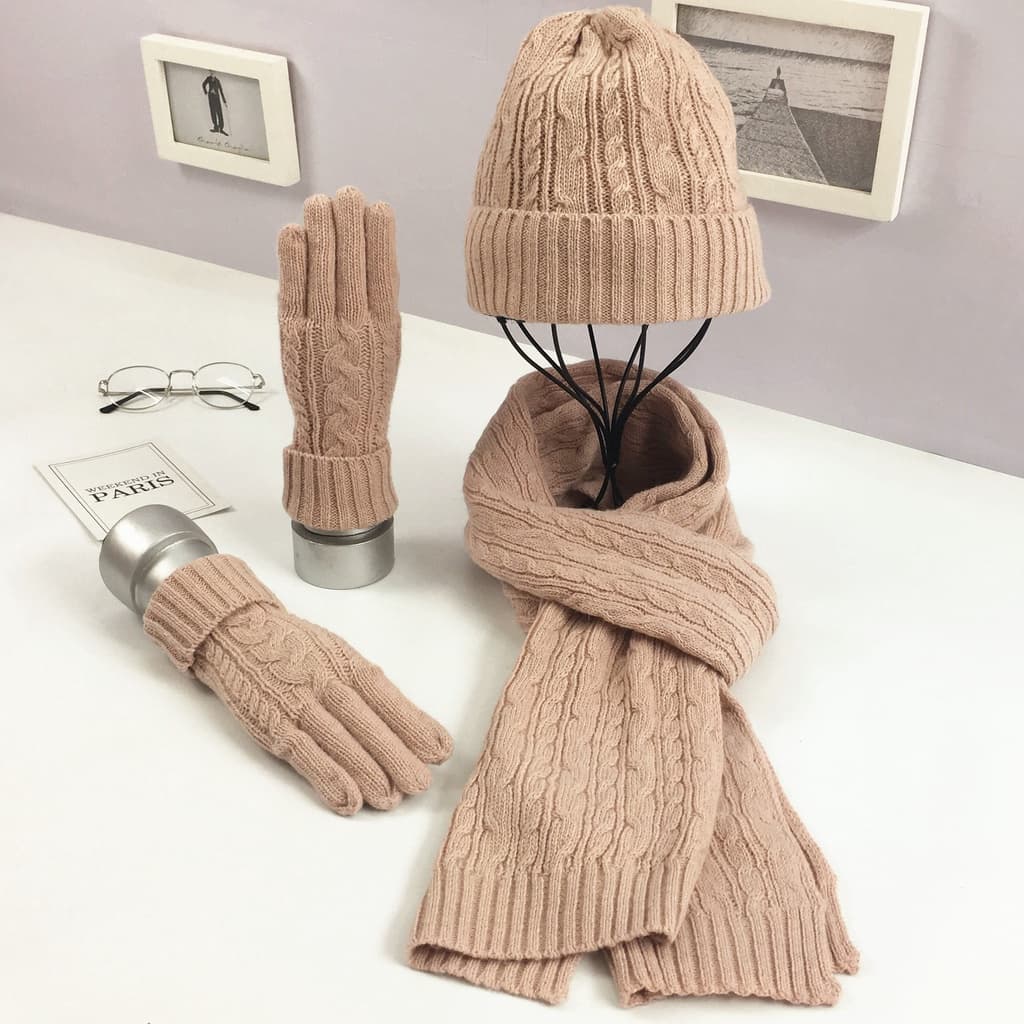 Luvas Quentes De Inverno Moda Conjunto De Lã De Malha Chapéu Cachecol Pulôver De Três Peças Para Mulheres