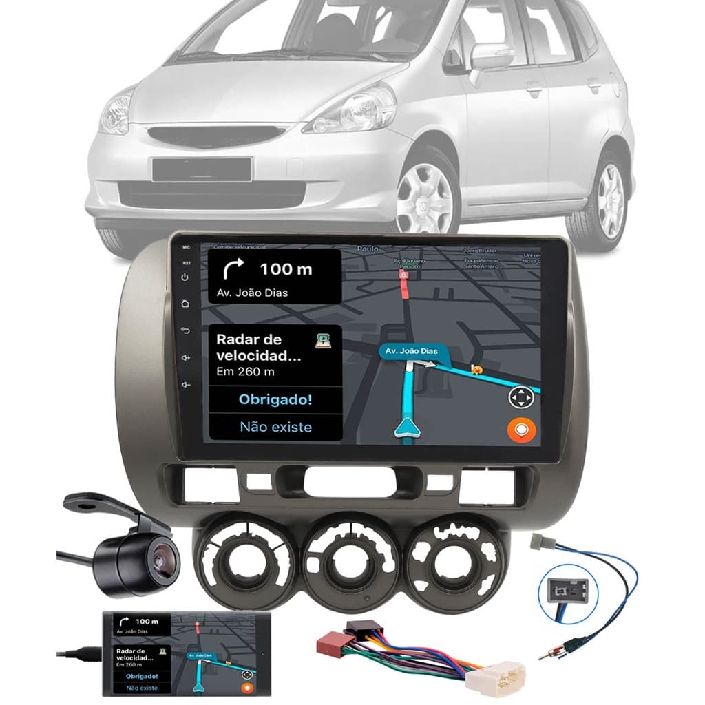 Multimídia 9" Fit 2003 à 2008 Espelhamento USB Bluetooth + Câmera de Ré + Moldura + Chicote Ligação + Adaptador Antena