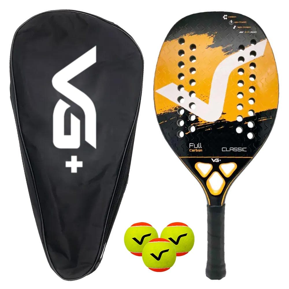 Kit Raquete de Beach Tennis Classic Full Carbon Laranja com 3 Bolas e Bolsa de Transporte VG Plus