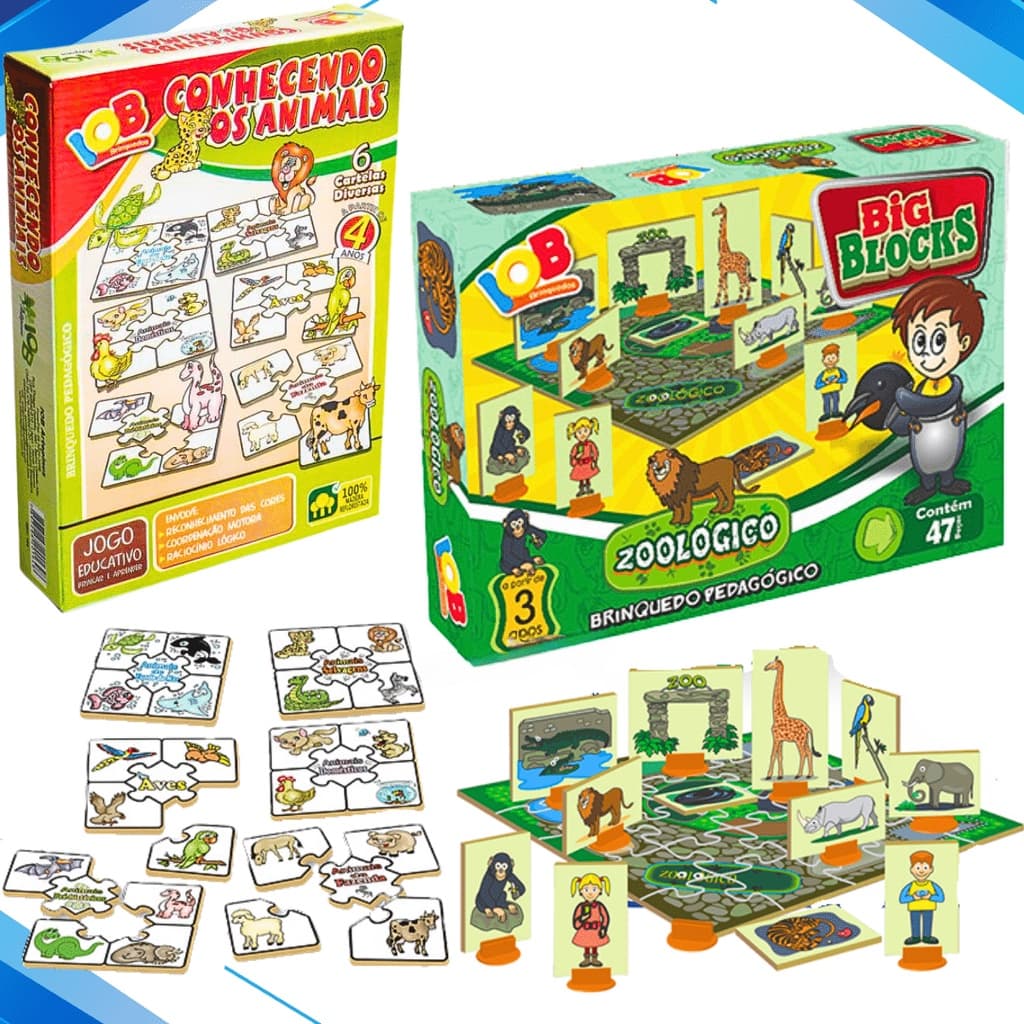 Kit 2 Brinquedos Pedagógicos Conhecendo os Animais + Big Blocks Zoológico Tabuleiro Jogos Brinquedo