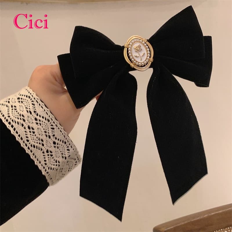 [Cici] Grampo De Cabelo Com Laço De Rosa De Veludo Preto Vintage Francês Princesa Acessórios Sênior Presente Para Mulher