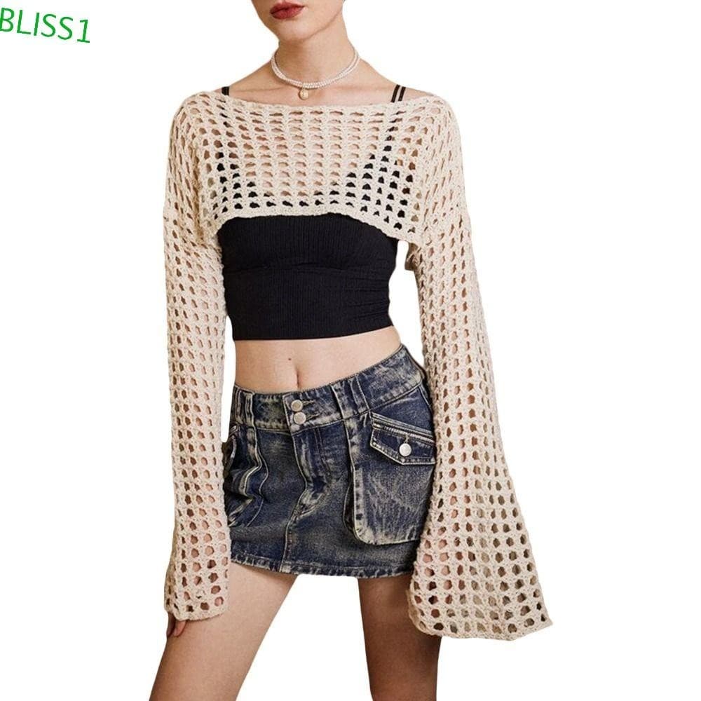 BLISS1 Suéter De Manga Encolher , Pulôver Macio Y2K Com Gola Redonda Comprida Feminino Top Curto De Crochê